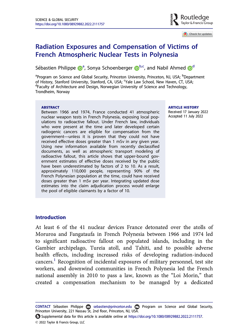 Radiation Exposures and Compensation of Victims of French Atmospheric Nuclear Tests in Polynesia